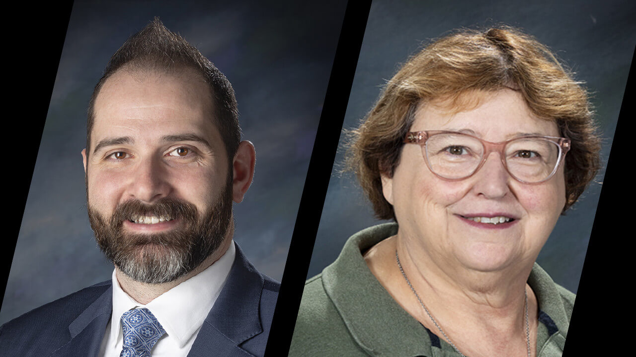 two portraits side-by-side. The left portrait features a man wearing a dark suit jacket with a white tie. The right-side portrait features a woman wearing a green collared shirt and glasses.