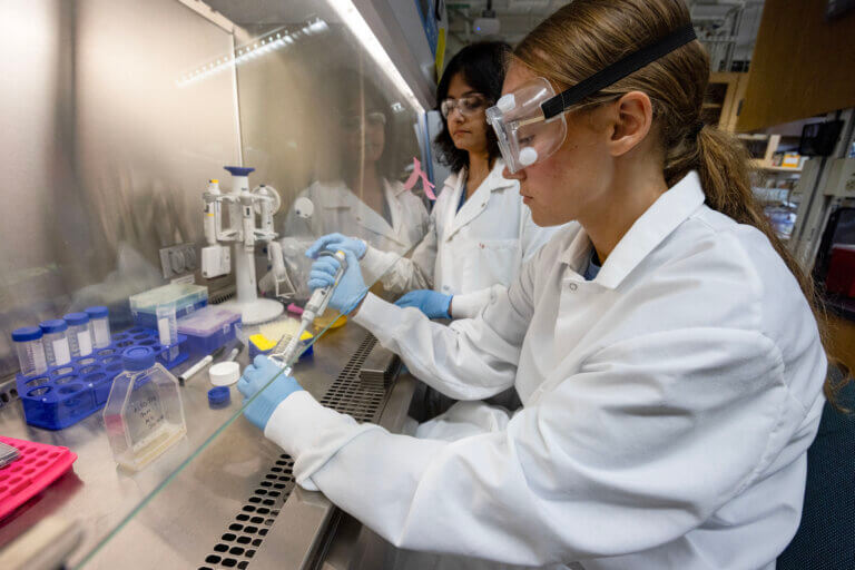 Two laboratory workers are wearing white coats, gloves, and operating lab equipment at a fume hood.