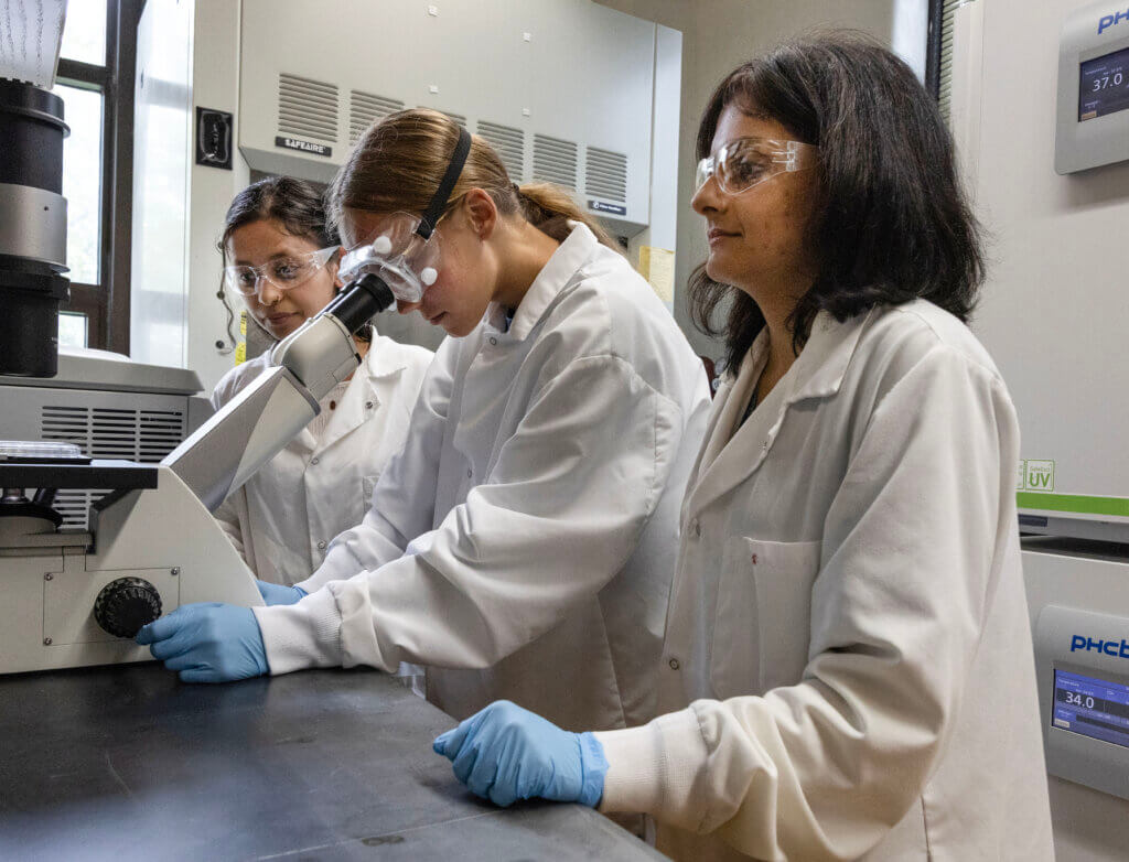 Three laboratory workers are standing at a lab bench. The figure in the center is looking into a microscope. All three are wearing protective equipment.
