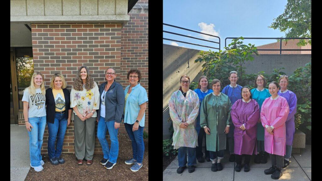 two photos of groups standing in outdoor settings. The group on the left is standing in front of a brick building. The group on the right is wearing protective clothing and is standing in front of a concrete wall with greenery