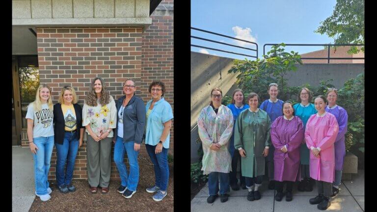 two photos of groups standing in outdoor settings. The group on the left is standing in front of a brick building. The group on the right is wearing protective clothing and is standing in front of a concrete wall with greenery