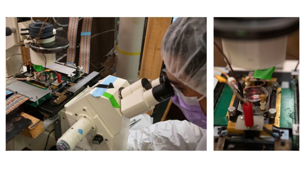 A collage of two photos. The left photo features a person looking into a microscope, and the photo on the right is a detail photo of a piece of laboratory equipment.