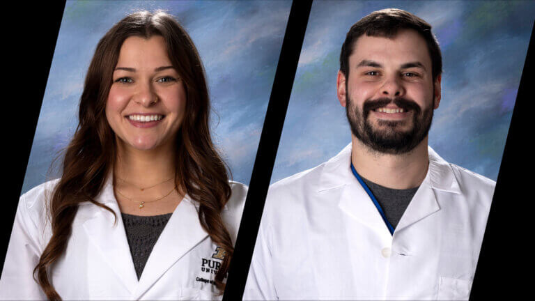 Two portraits side by side, both of people wearing a white medical coat. A female with long brown hair is featured on the left and a male with dark hair is featured on the right.