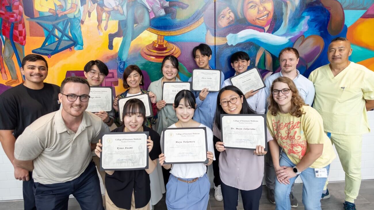 A group of young adults are positioned in front of a vibrant painted mural, holding certificates and awards.