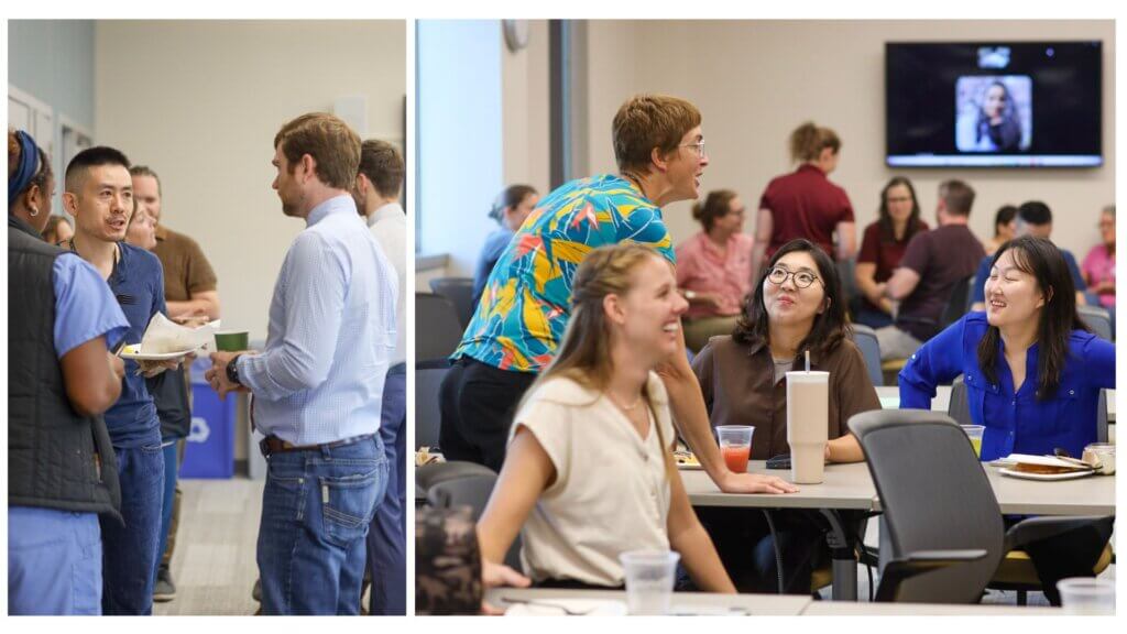 the photo on the left features two men engaged in a conversation. The photo on the right is of a group of people in a casual dining setting. A woman is seen standing appearing to talk to someone out of view, across the room. People are smiling and engaging in conversation.