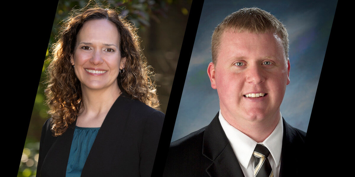 two portraits side by side, a woman on the left and a man on the right. The woman is in an outdoor setting and is wearing a blue shirt and black jacket. The man is wearing a striped tie and black jacket.