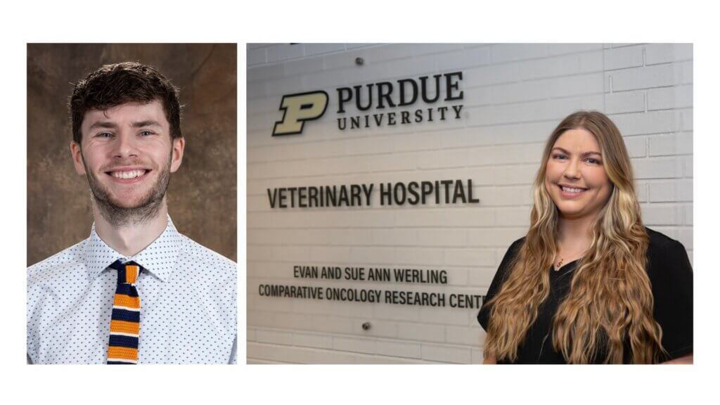 Two portraits are side by side. The left portrait is of a man wearing a white shirt and striped tie. The portrait on the right is of a person standing in front of a white wall with a Purdue University logo behind them.