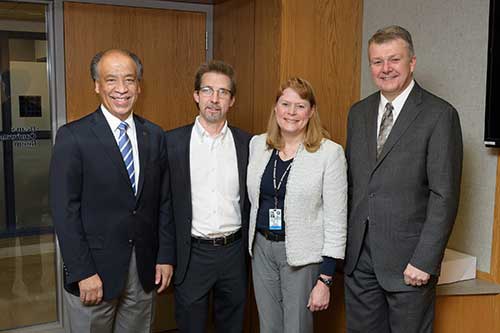 (From left) PVM Dean Willie Reed with Vice Provost for Faculty Affairs Peter Hollenbeck, PVM Associate Dean for Academic Affairs and Professor of Small Animal Surgery S. Kathleen Salisbury, and Provost and Executive Vice President for Academic Affairs and Diversity Jay Akridge, on the occasion of the announcement of Dr. Salisbury’s designation as a 150th Anniversary Professor. (Purdue University photo/John Underwood)