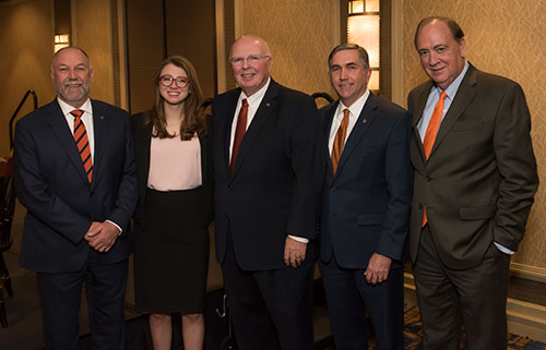 Retiring Auburn University Provost Timothy Boosinger (center) is pictured at his retirement reception with (left-right) Auburn University President Steven Leath, graduate Sarah Pitts, Dean of the College of Veterinary Medicine Calvin Johnson and President Emeritus Jay Gogue.