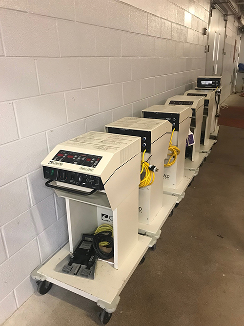 These six ConMed Sabre 2400 Electrosurgical Units were donated to the College of Veterinary Medicine for use in the small animal surgery laboratories through the efforts of Dr. James Davis at Logansport Memorial Hospital. The hospital was replacing the units with brand new equipment.