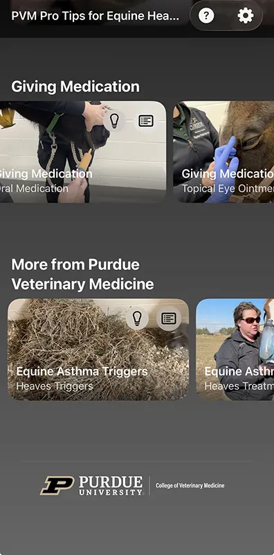 The app user interface showing a variety of lessons about giving medication