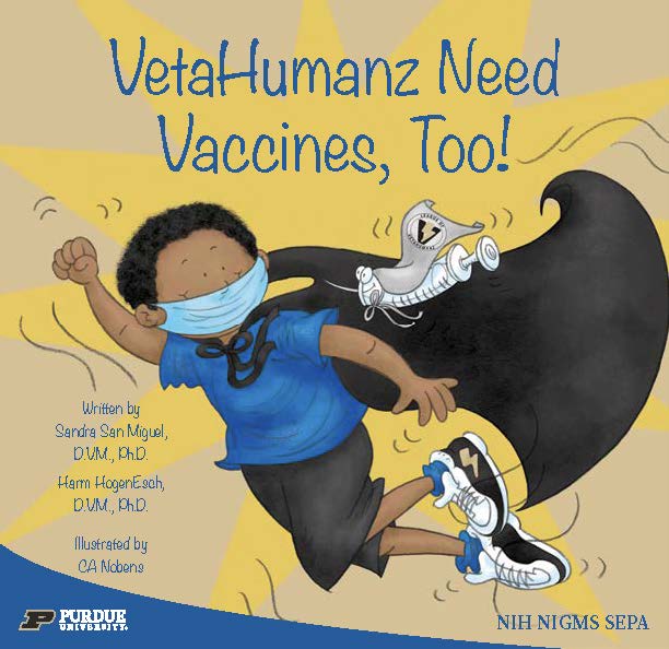 A masked child wearing a superhero cape jumps confidently with a friendly germ character on the cape beside the book title “VetaHumanz Need Vaccines, Too!”