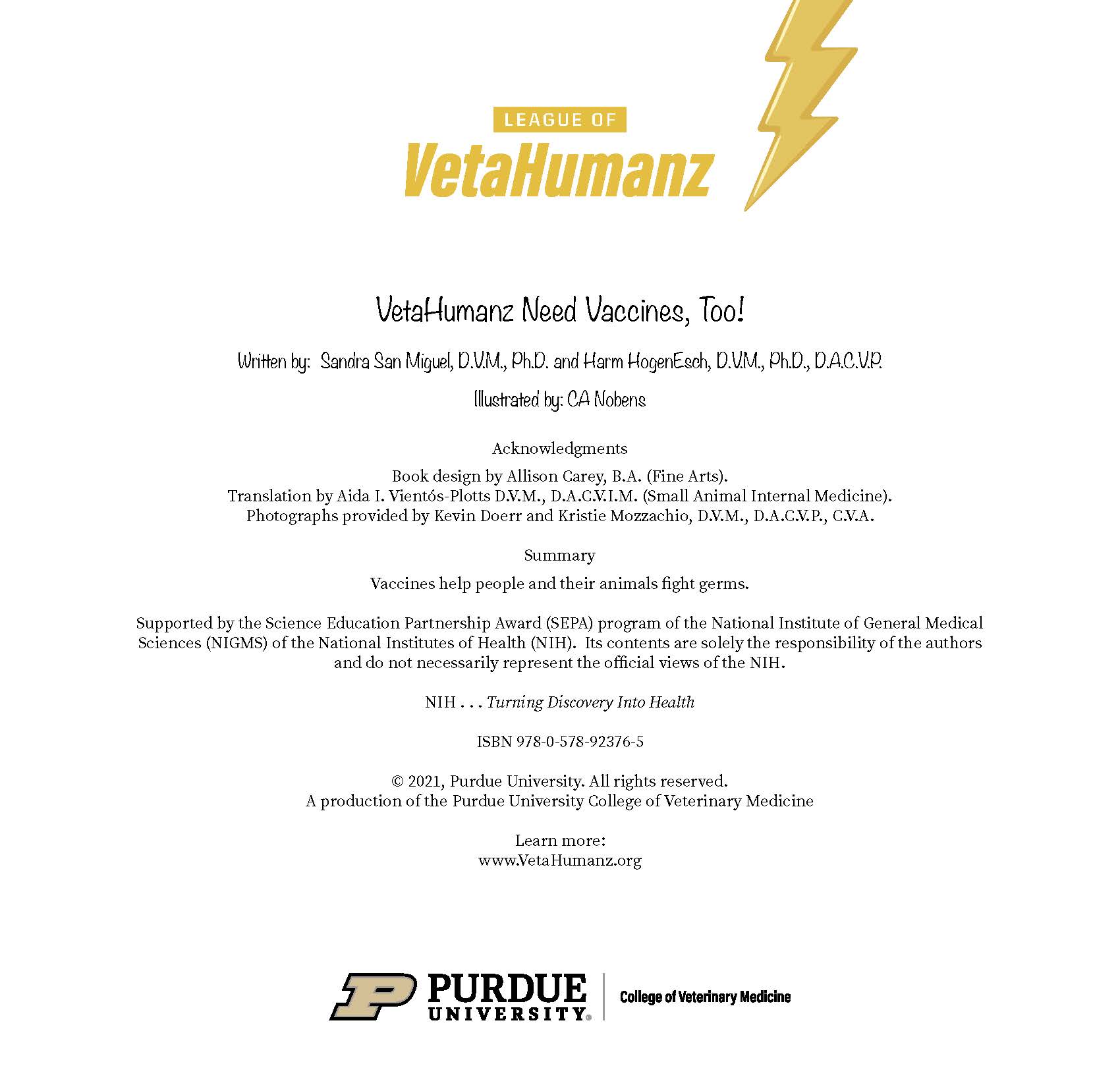 Text lists the book’s authors, illustrator, acknowledgments, and summary alongside the VetaHumanz logo.