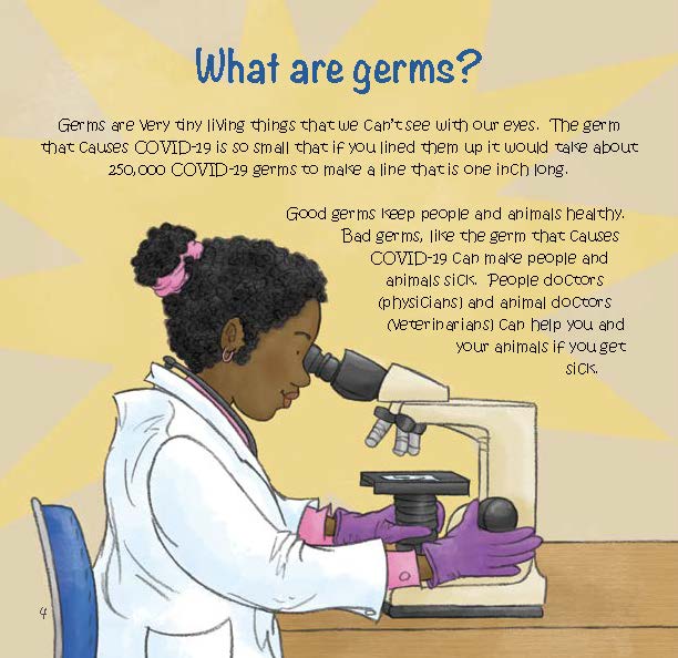 A scientist looks through a microscope to study germs and explain how some germs make people and animals sick.