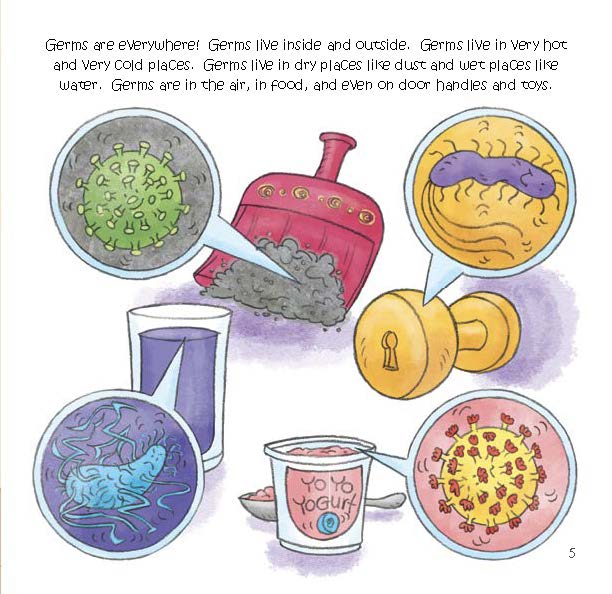 Cartoon germs appear on everyday items like dust, doorknobs, drinks, and food to show that germs can be found everywhere.