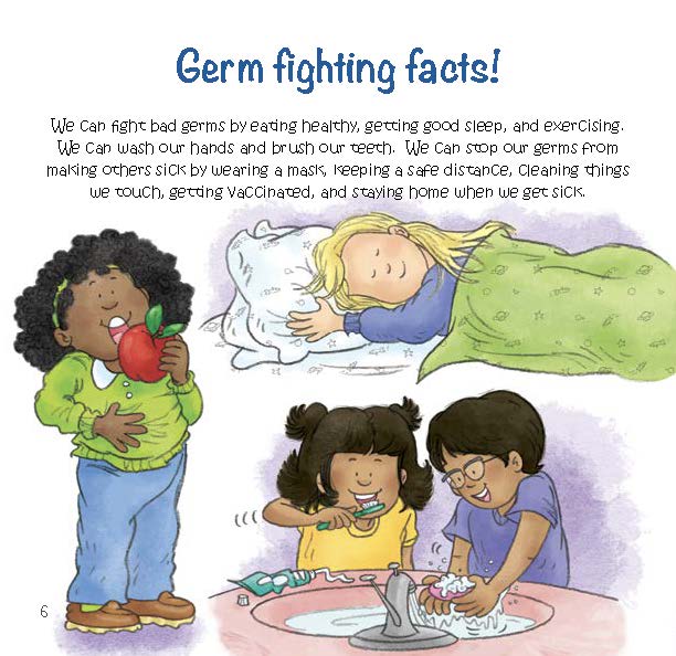 Children practice healthy habits like eating well, sleeping, brushing teeth, and washing hands to fight germs.