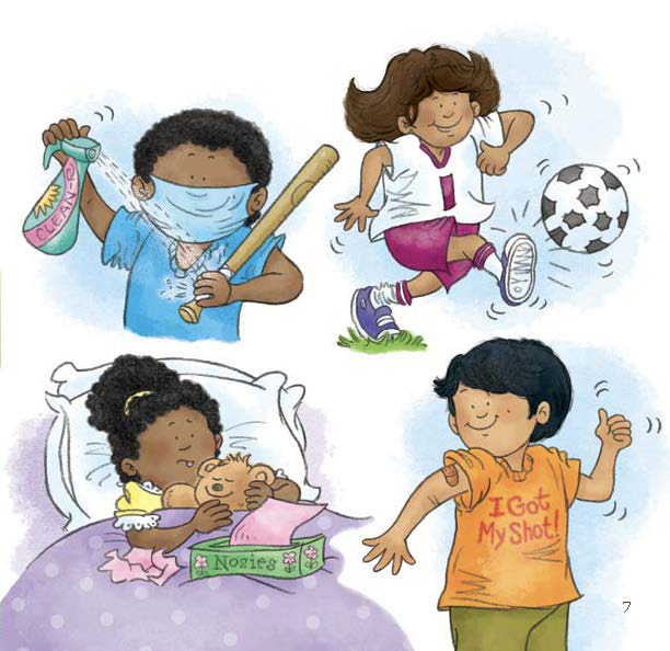 Children engage in healthy activities—cleaning, playing, resting, and celebrating vaccination—to stay well.