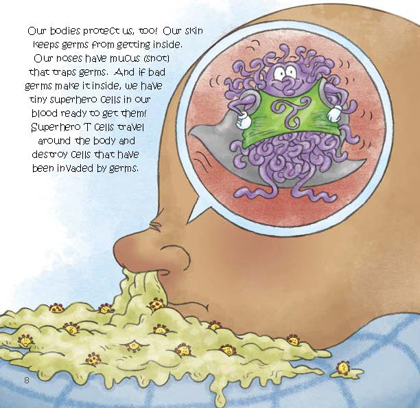 A child sneezes while a cartoon T cell inside their body prepares to destroy infected cells.