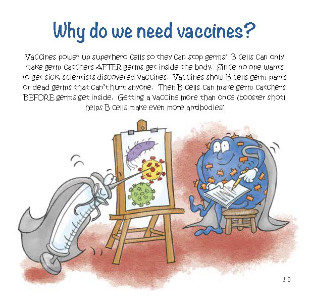 A cartoon B cell learns from a chart how vaccines teach immune cells to recognize and fight germs.