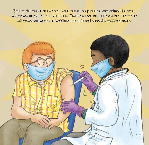 A doctor gives a masked patient a vaccine shot to show that vaccines are tested for safety before use.