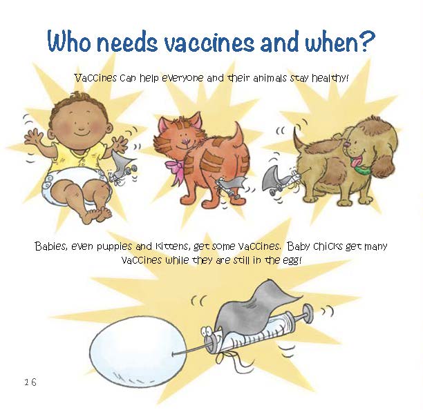 A baby, cat, dog, and chick are shown receiving vaccines to stay healthy at different life stages.