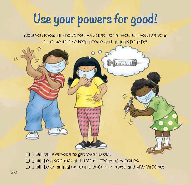 Three children wearing masks imagine using their knowledge about vaccines to help keep others healthy.