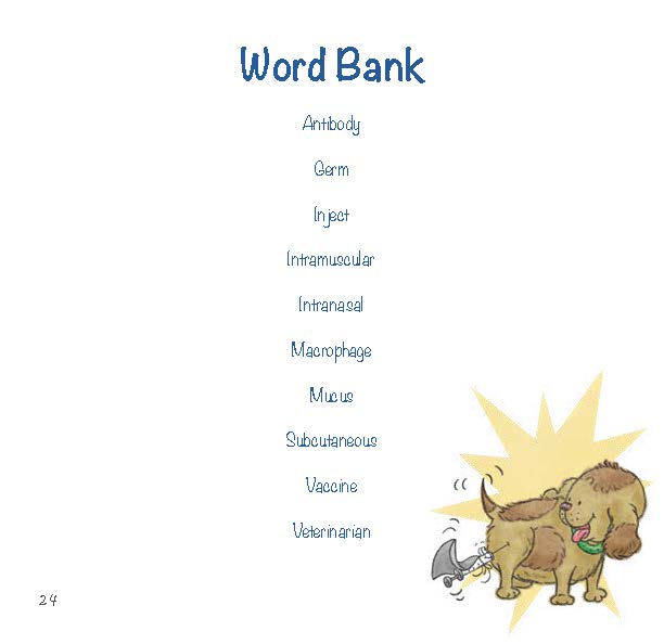 Word list of key vaccine and immunity terms appears beside a cartoon dog receiving a shot.