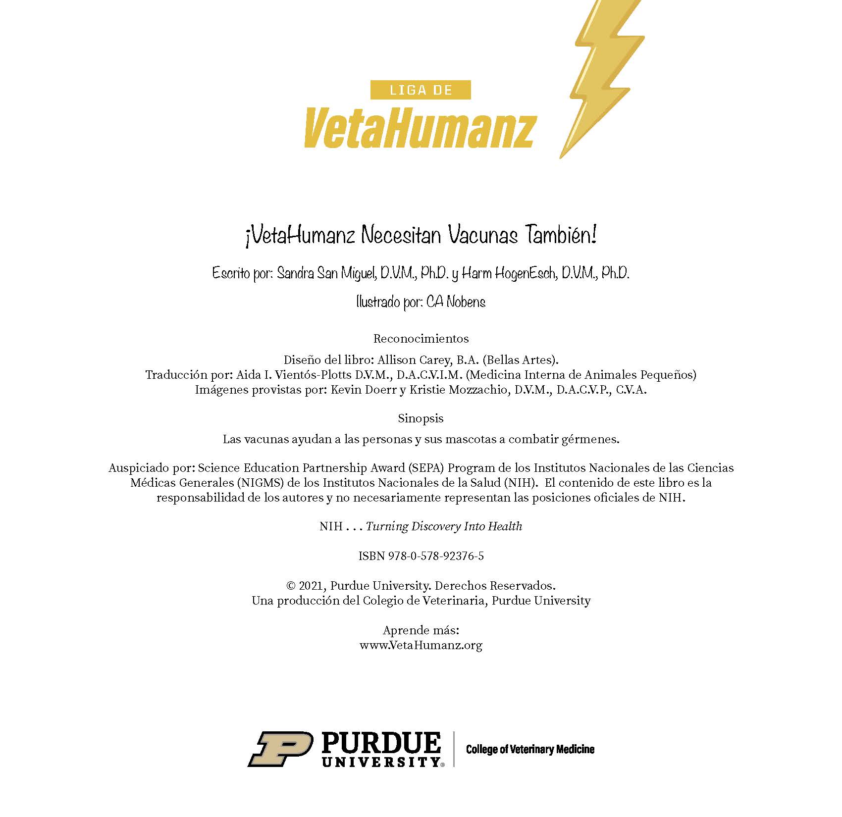 Text lists the book’s authors, illustrator, acknowledgments, and summary along with the VetaHumanz logo.