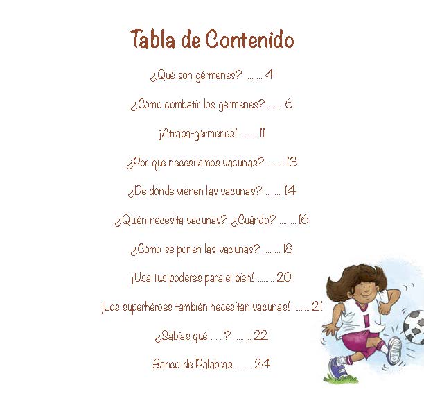 A simple table of contents lists the book’s sections with a small illustration of a girl kicking a soccer ball.
