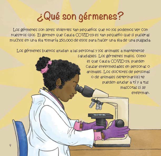 A scientist looks through a microscope while text explains that germs are tiny living things that can help or harm people and animals.