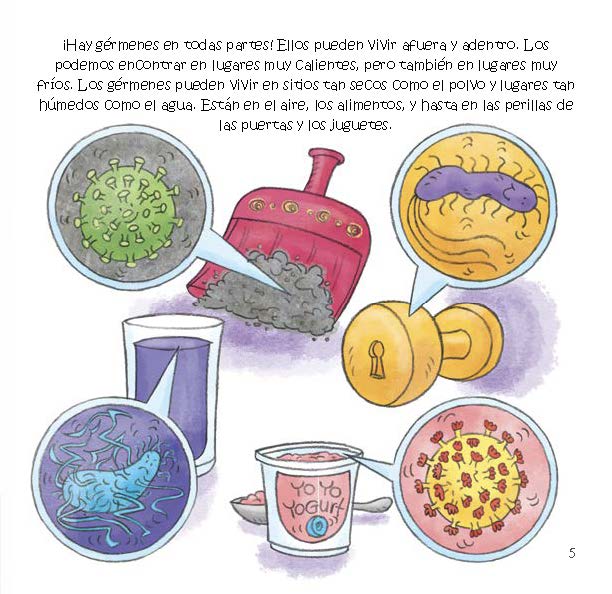Illustrations show germs found on dust, doorknobs, water, food, and other everyday places to explain that germs live all around us.