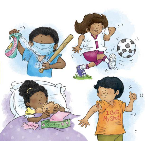 Children clean, play, sleep, and celebrate vaccination to show everyday actions that keep people healthy.