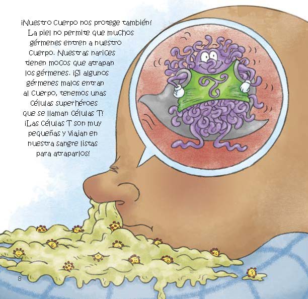 A child sneezes while a superhero T cell inside their body prepares to destroy infected cells.
