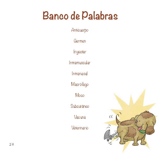 A vocabulary list of key vaccine and immune system terms appears beside a cartoon dog receiving a shot.