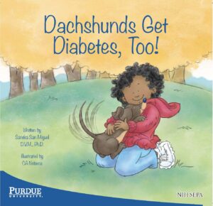 A girl cuddles a happy dachshund while sitting together in a grassy park.