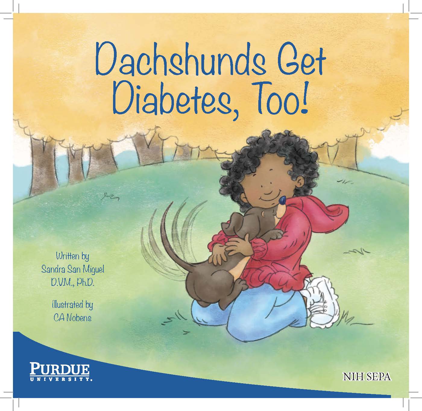 A girl cuddles a happy dachshund while sitting together in a grassy park.