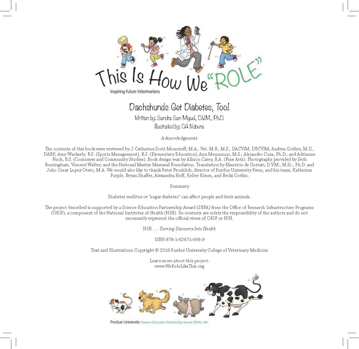 Text lists the book’s authors, acknowledgments, and a summary explaining that people and animals can both develop diabetes.