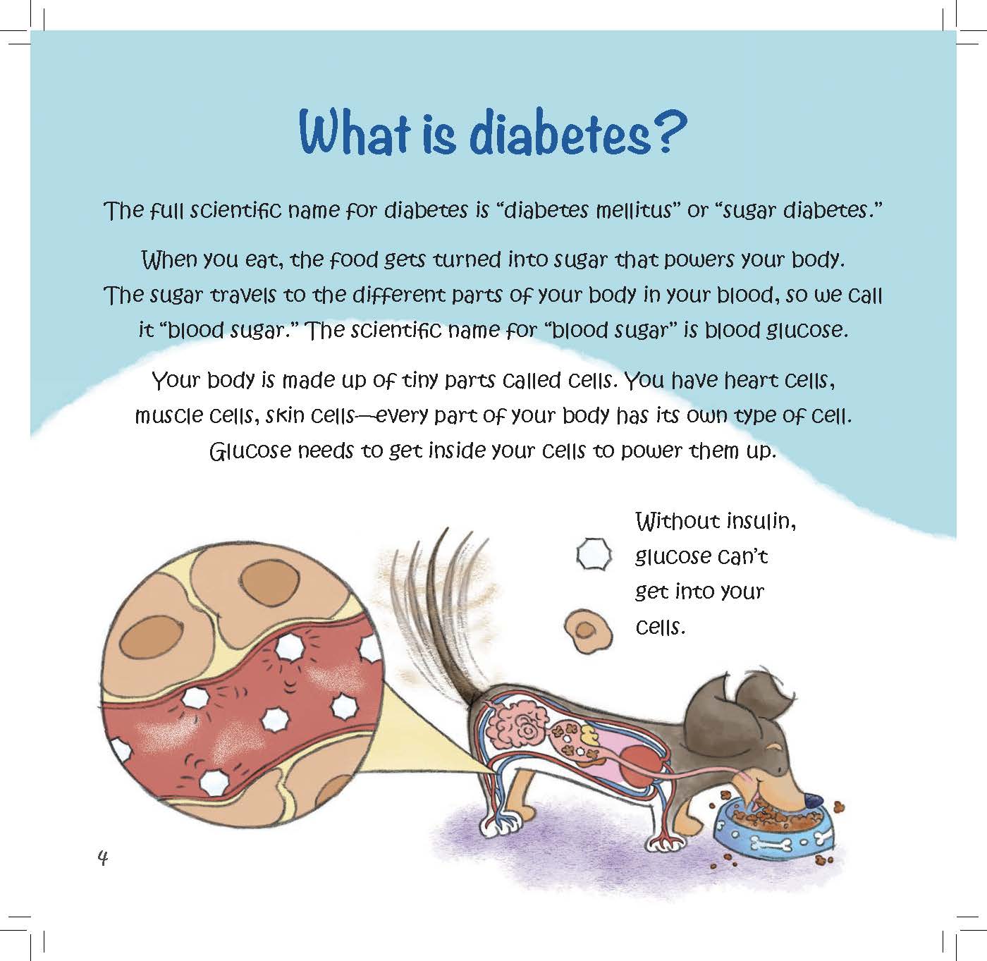 A diagram shows glucose being blocked from entering cells, alongside a dachshund with a magnified view of its cells.