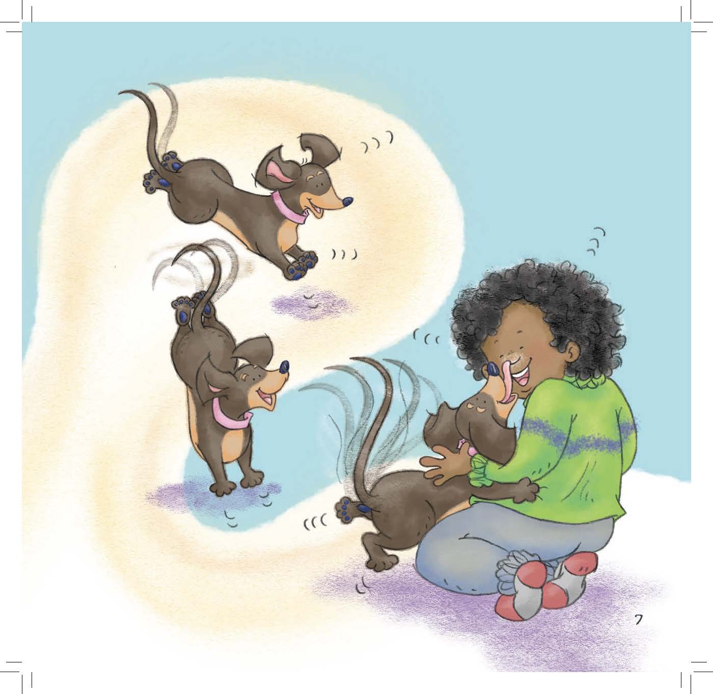 A girl plays on the floor with her dachshund rolling happily beside her.