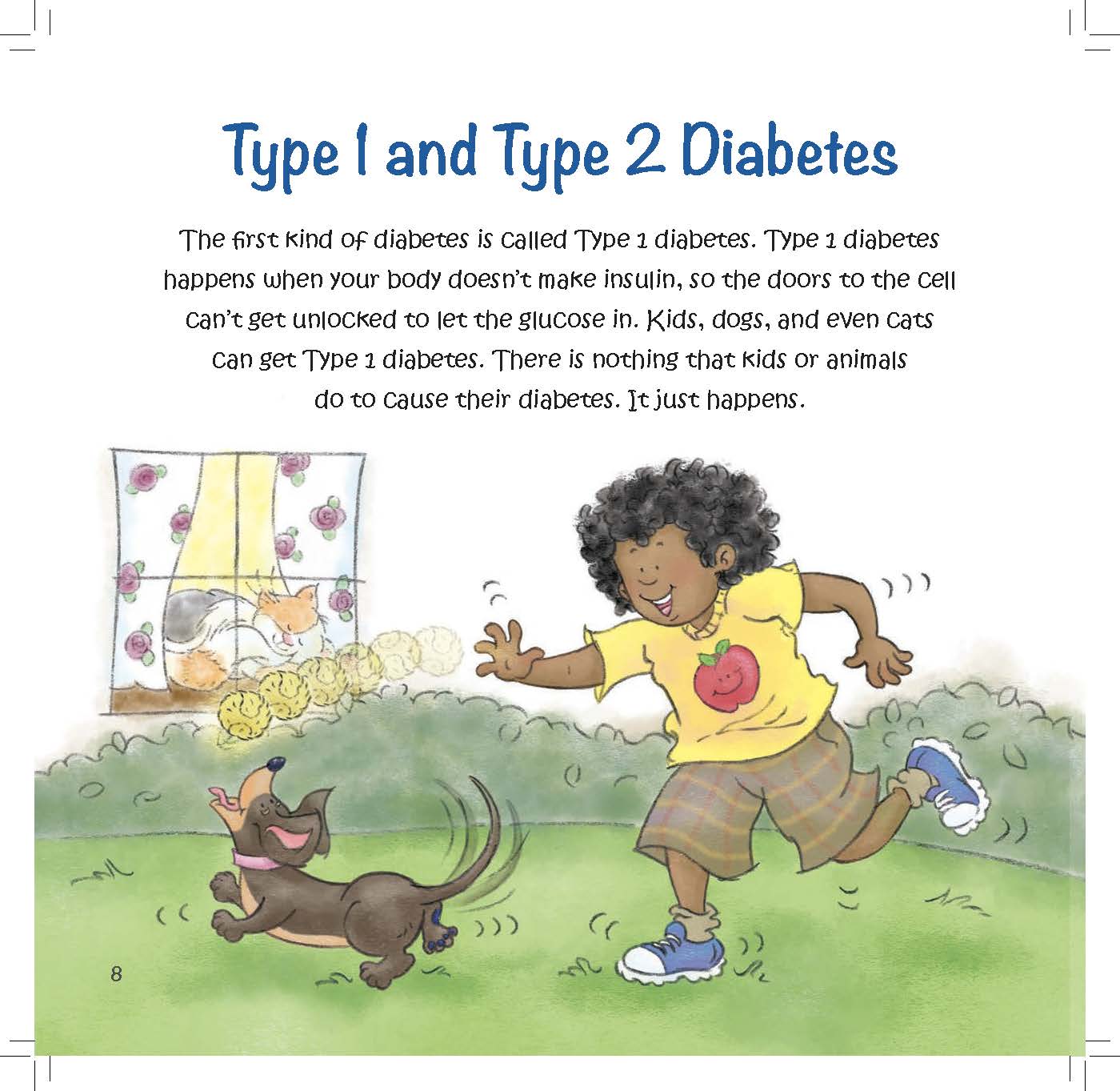 A girl runs in the grass with her dachshund as text explains that Type 1 diabetes occurs when the body does not make insulin.