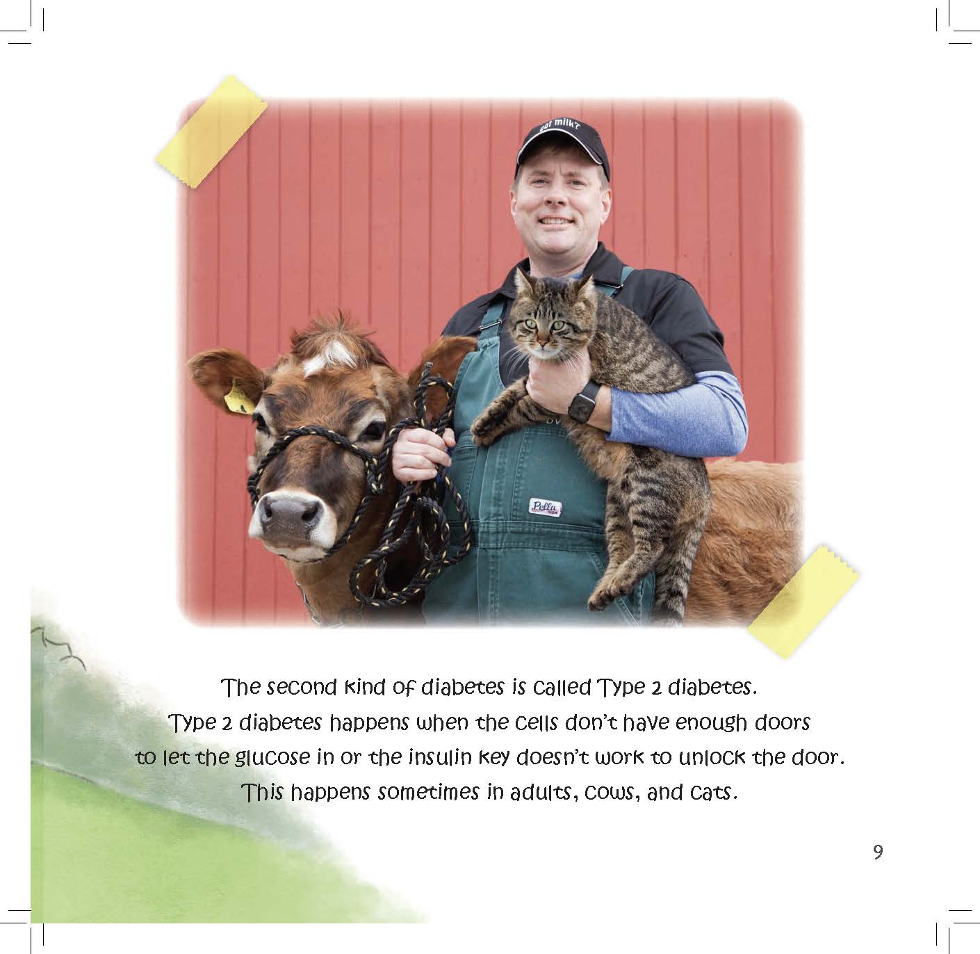 A farmer holds a cat while standing with a cow as text explains how Type 2 diabetes occurs when cells cannot use insulin properly.