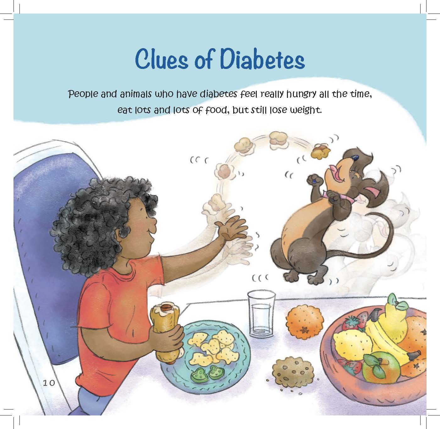 A dachshund eats eagerly at a table while the girl watches the dog still lose weight despite eating a lot.