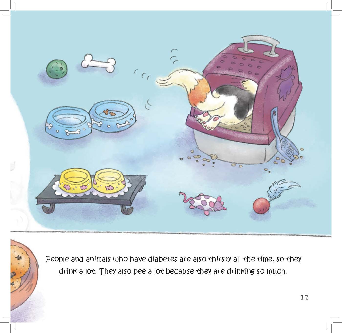 A cat drinks from water bowls and uses a litter box while surrounded by pet toys.