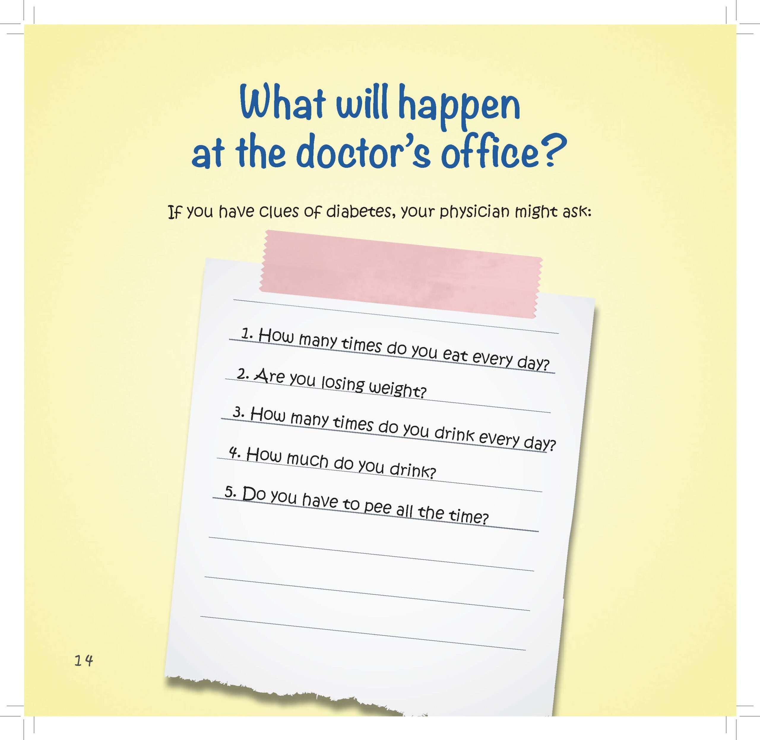 A notepad lists questions about eating, drinking, and urinating habits for diagnosing diabetes.