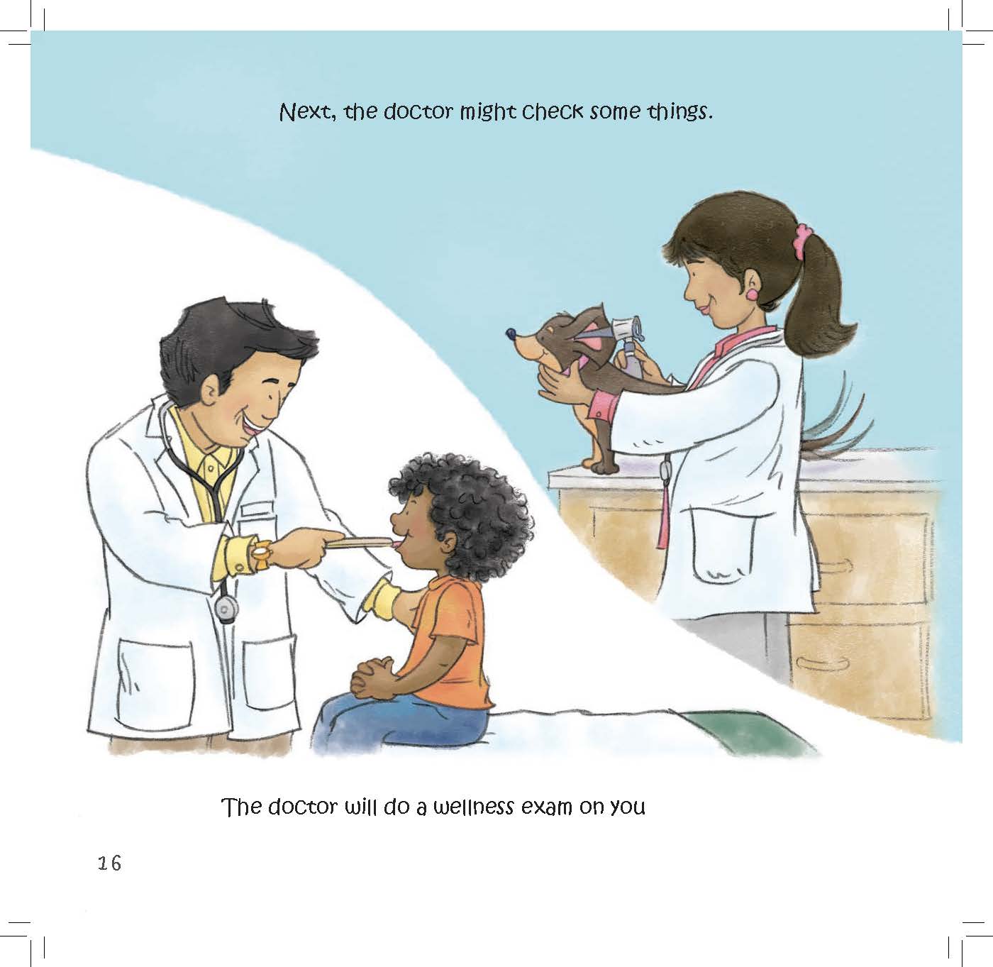 A doctor checks a child with a tongue depressor while a veterinarian examines a dachshund on a counter.