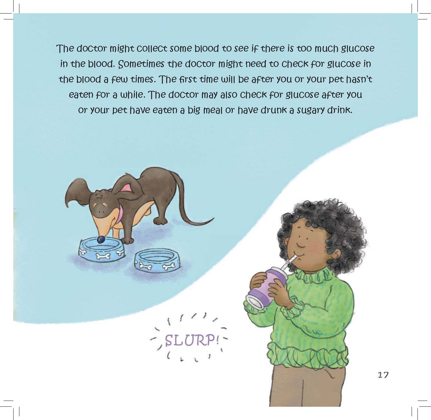 A dachshund drinks water while a child drinks a sugary drink as text explains testing glucose before and after eating.