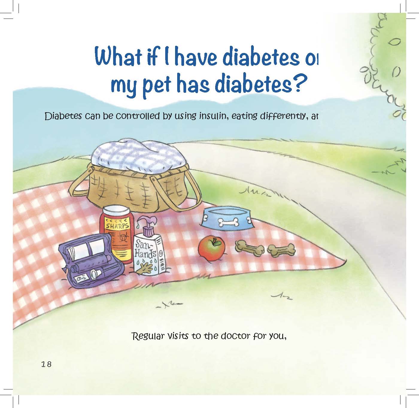 A picnic scene shows a glucose meter, medicine supplies, and healthy foods.