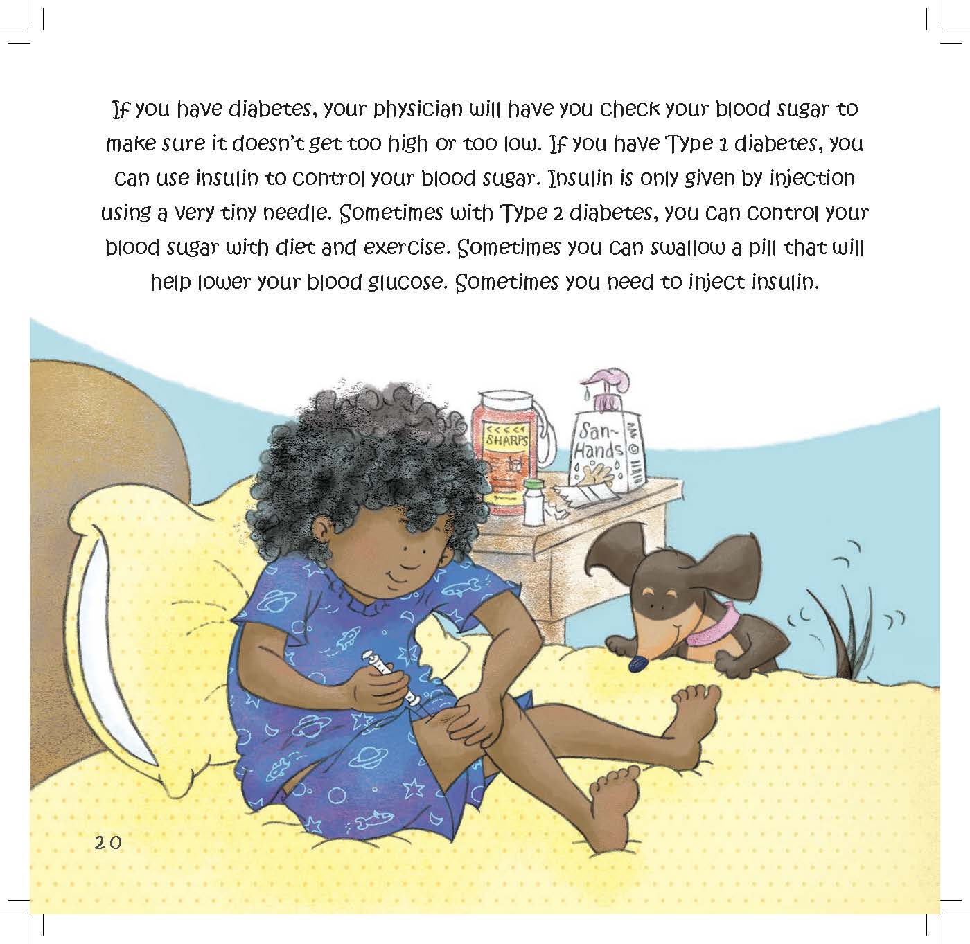 A girl checks her blood sugar while her dachshund eats nearby.