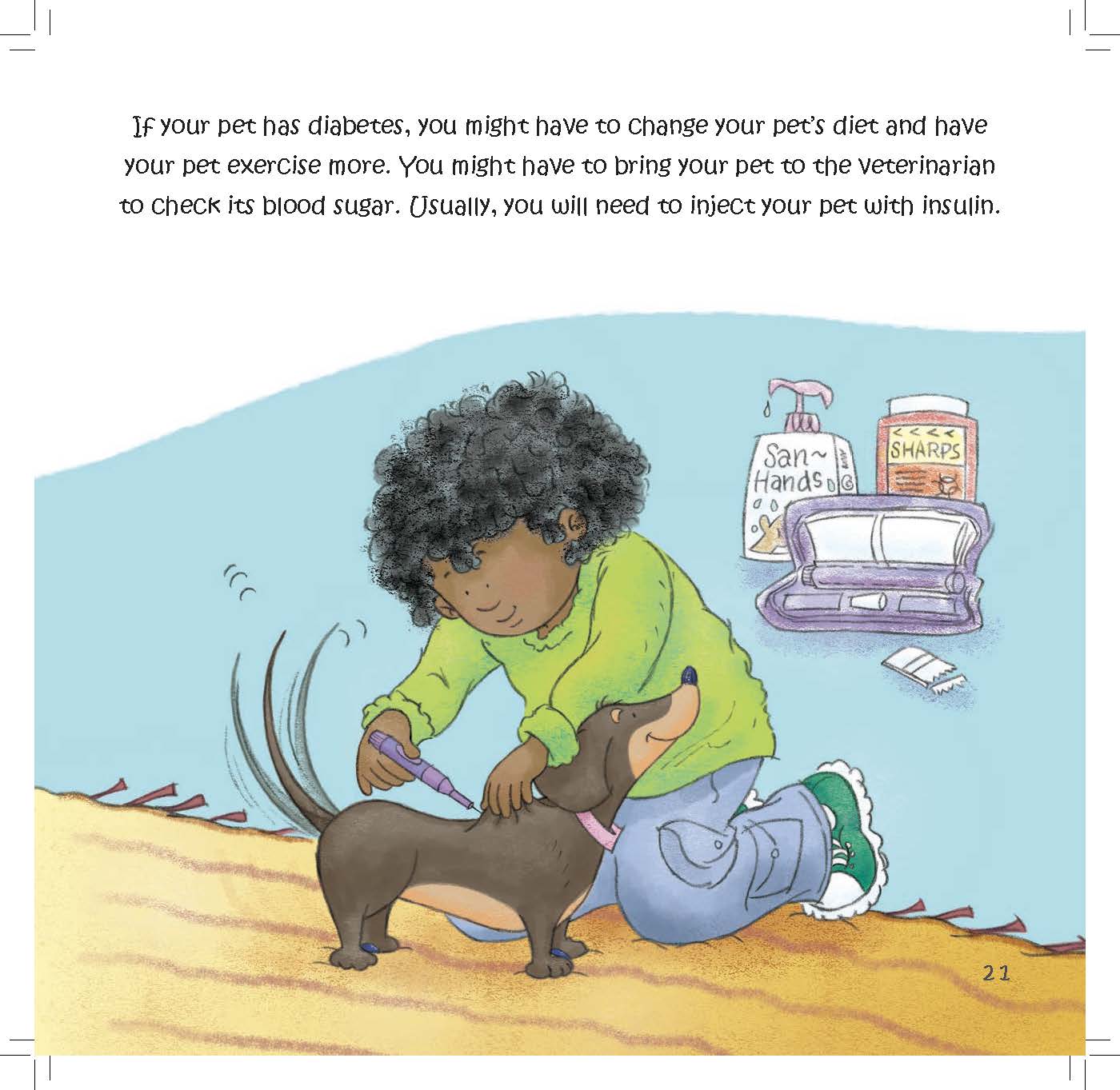 A girl prepares insulin for her dachshund while sitting near pet supplies.