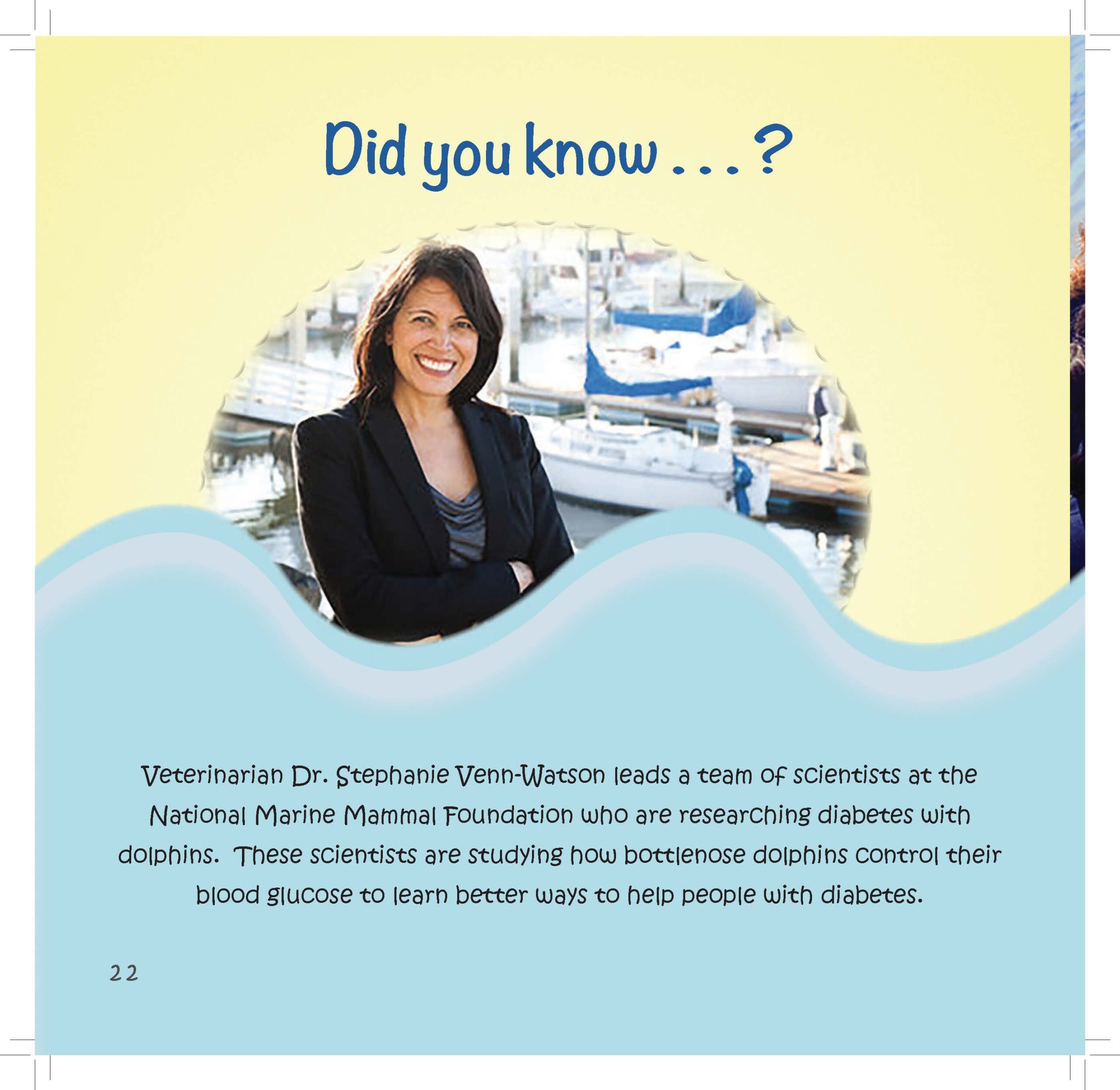 A veterinary researcher stands in front of a marina as text describes diabetes research with dolphins.